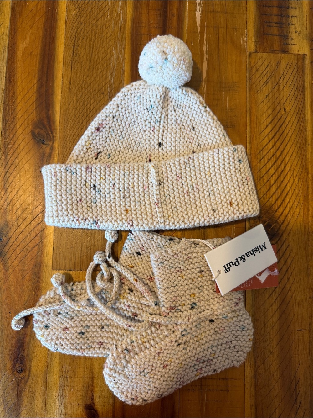 NWT Misha & Puff Cream Speckled Knit Baby Hat and Booties Set **price is firm**